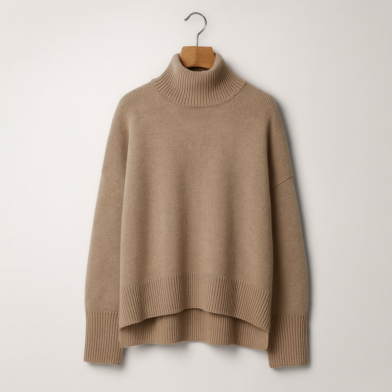 Beiger Rollkragenpullover aus Wolle auf Holzkleiderbügel, minimalistisch, warm, modisch, ideal für Herbst und Winter, hochwertige Strickmode.