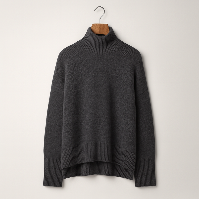 Dunkelgrauer Rollkragenpullover aus Wolle, hängend an einem Holzbügel. Modischer Strickpullover für Damen, ideal für Herbst und Winter.