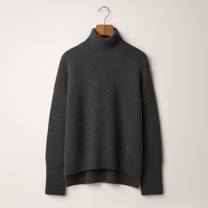 Dunkelgrauer Rollkragenpullover aus Wolle, hängend an einem Holzbügel. Modischer Strickpullover für Damen, ideal für Herbst und Winter.