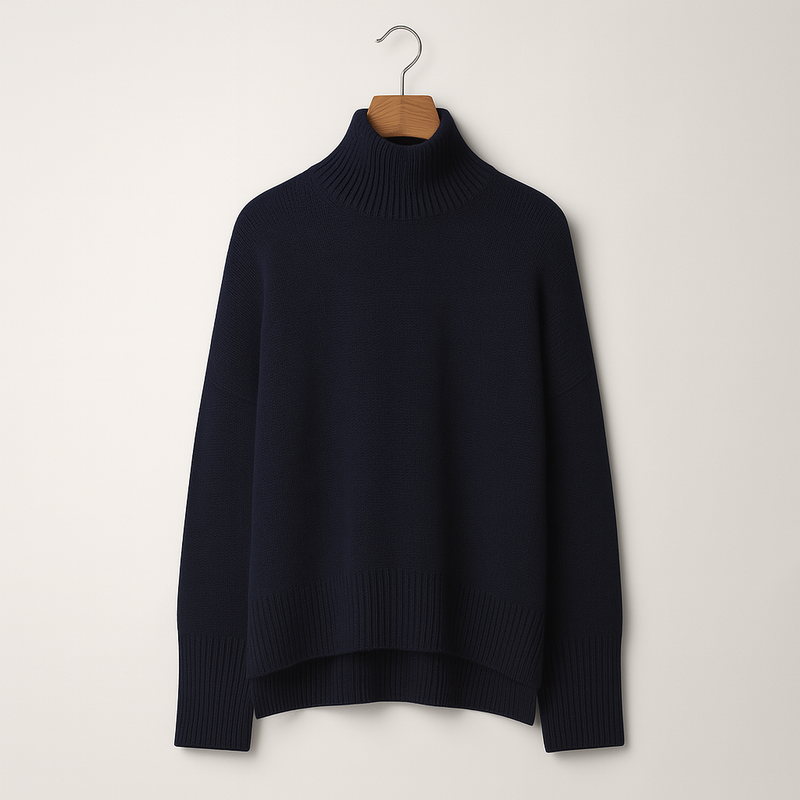 Dunkelblauer Rollkragenpullover aus Wolle auf Holzkleiderbügel, minimalistisch, warm, ideal für Herbstmode, elegantes Design, hochwertige Strickware.