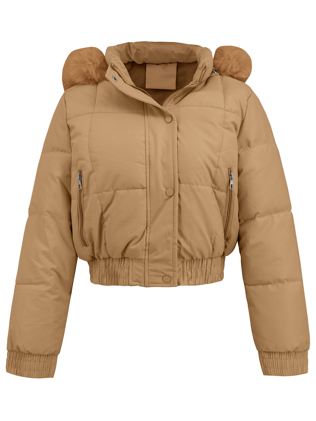 Beige Damen Winterjacke mit Kapuze und Kunstfellbesatz, gesteppte Optik, Reißverschlusstaschen, modisch, warm, ideal für kalte Tage.