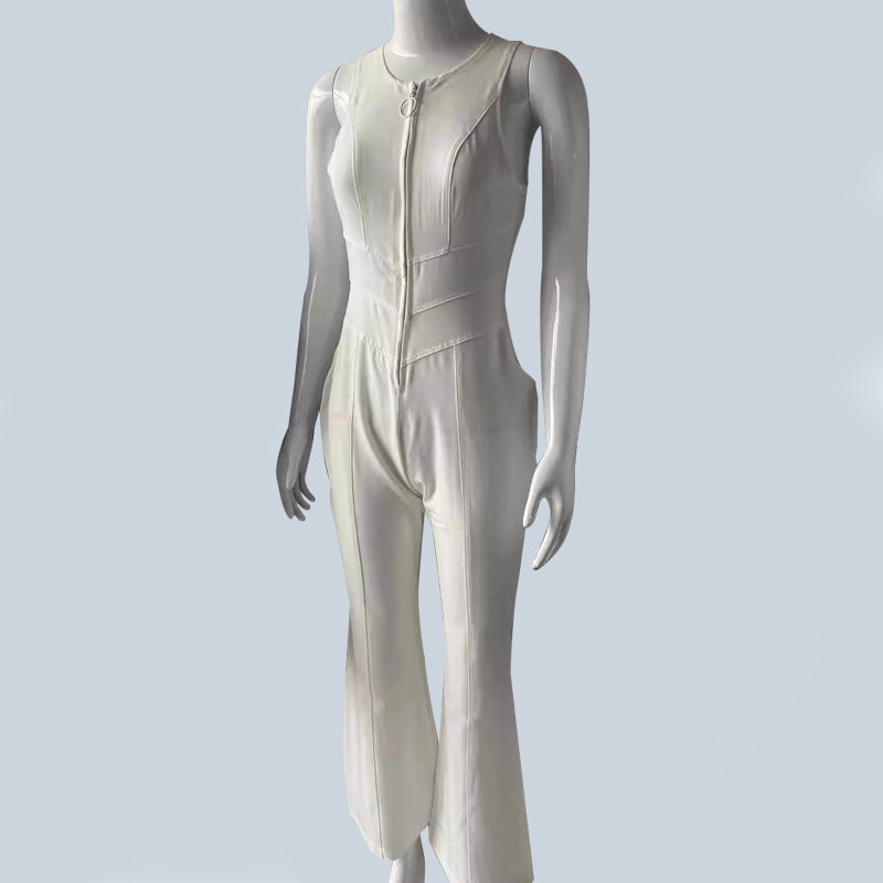 Weiße Damen-Jumpsuit mit Reißverschluss, ärmellos, figurbetont, modisch, ideal für Sommer, Freizeit oder Party. Hochwertiger Stoff, elegantes Design.