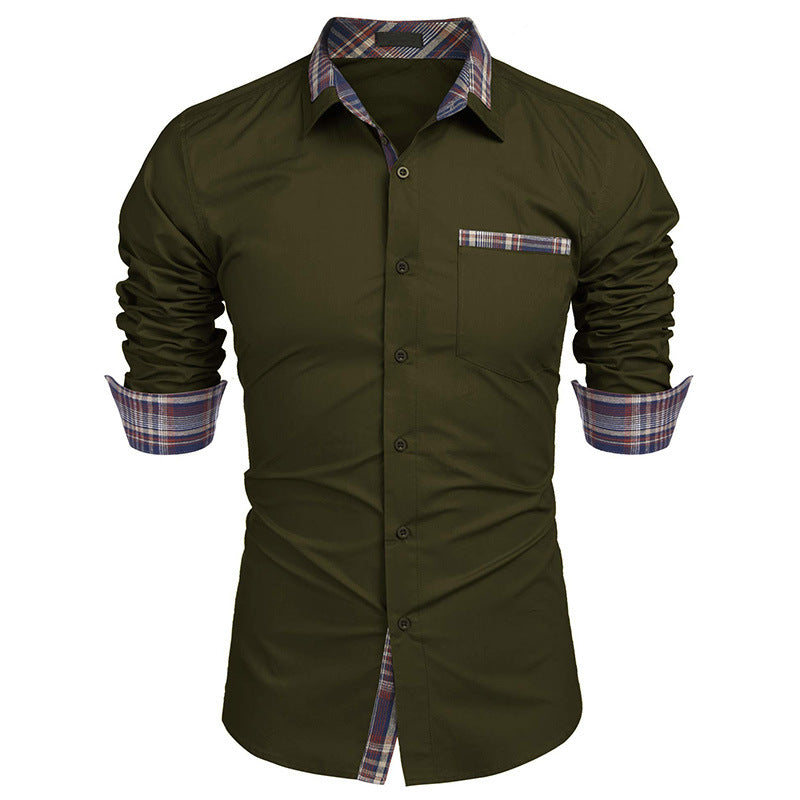 Grünes Herrenhemd mit kariertem Kragen und Manschetten, Langarm, Slim Fit, modisch, ideal für Business und Freizeit.