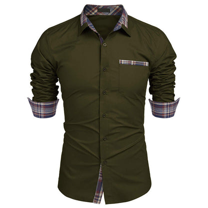 Grünes Herrenhemd mit kariertem Kragen und Manschetten, Langarm, Slim Fit, modisch, ideal für Business und Freizeit.