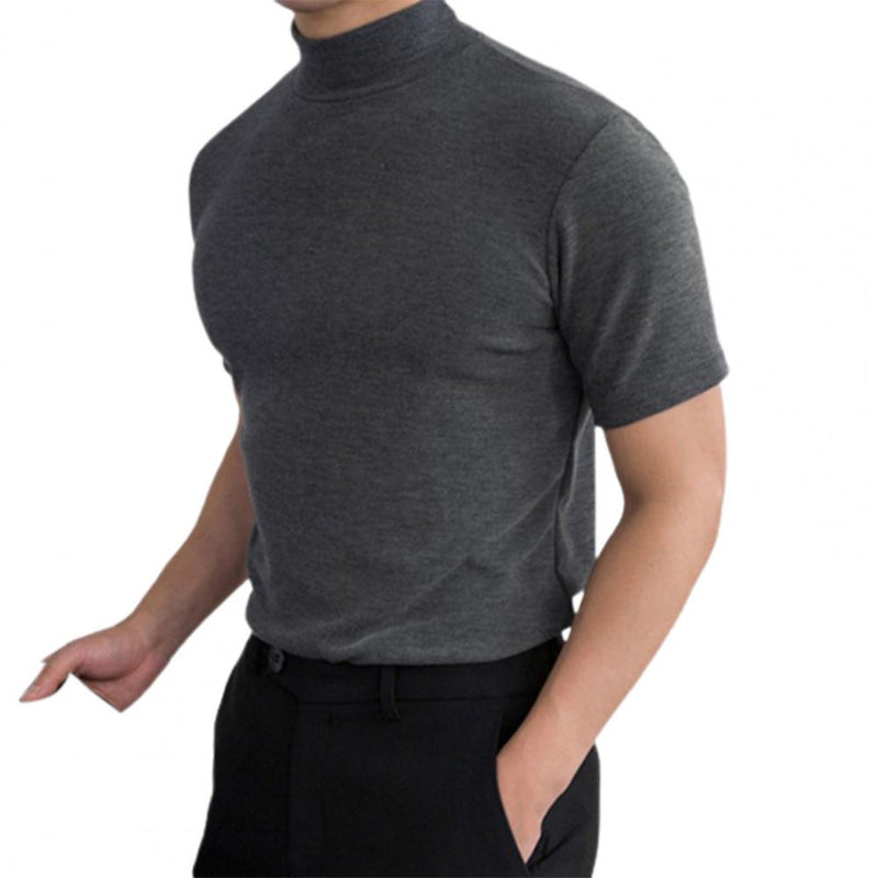 Graues Herren-T-Shirt mit Rollkragen, kurzärmelig, aus Baumwolle, modern und elegant. Ideal für Freizeit- und Business-Looks.