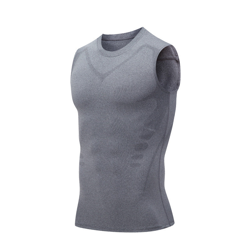 Graues ärmelloses Herren-Kompressionsshirt, atmungsaktiv und nahtlos, ideal für Sport und Fitness. Hochwertiges Funktionsshirt für Training.
