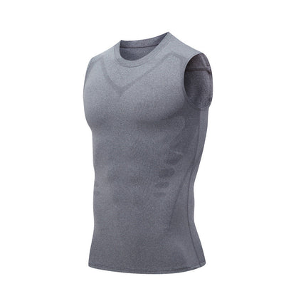 Graues ärmelloses Herren-Kompressionsshirt, atmungsaktiv und nahtlos, ideal für Sport und Fitness. Hochwertiges Funktionsshirt für Training.
