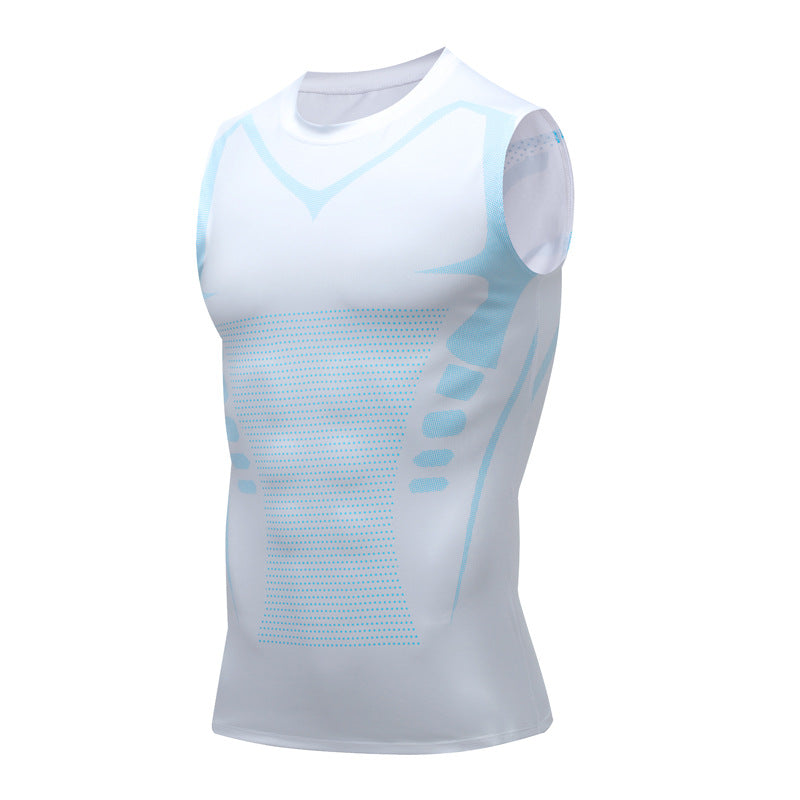 Ärmelloses weißes Sportshirt mit blauen Akzenten, atmungsaktivem Material und ergonomischem Design für Fitness und Training.