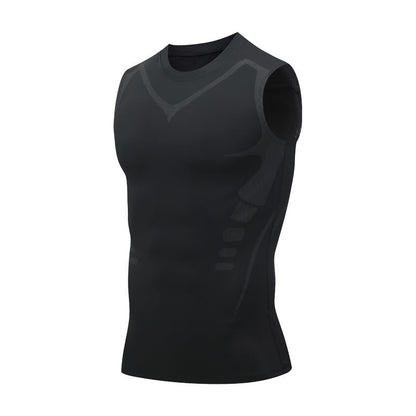 Schwarzes ärmelloses Kompressionsshirt für Herren, ideal für Sport und Fitness, atmungsaktiv und eng anliegend für optimale Leistung.