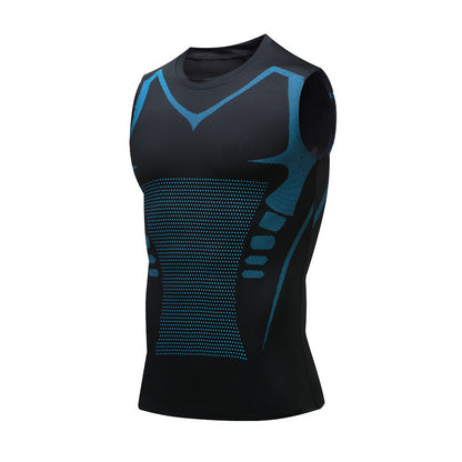 Schwarzes ärmelloses Kompressionsshirt mit blauen Akzenten, ideal für Fitness und Sport. Atmungsaktives Material, eng anliegend, für Herren.