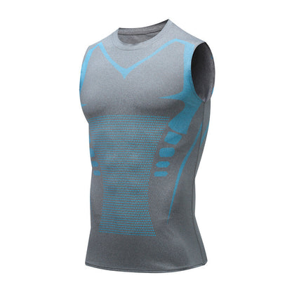 Graues ärmelloses Kompressionsshirt mit blauen Akzenten, ideal für Fitness und Sport. Atmungsaktives Material, eng anliegend, für Herren.