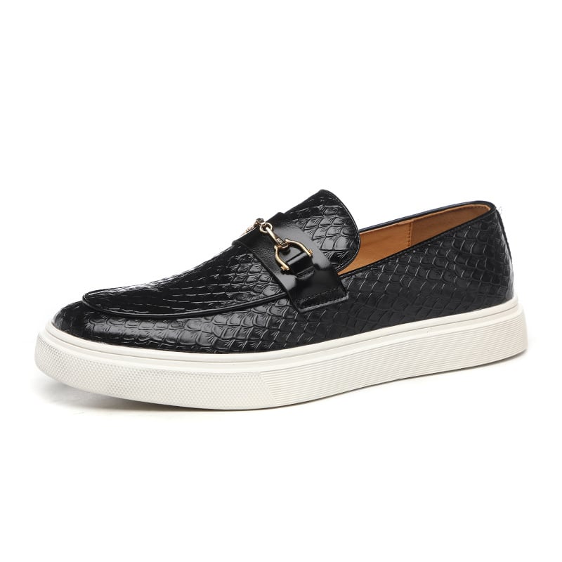 Schwarzer Herren-Loafer mit Schlangenhaut-Textur und weißer Sohle, elegantes Design, modischer Schuh für Business und Freizeit.