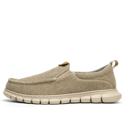Beige Herren-Slipper aus Leinen mit flexibler Gummisohle, ideal für Freizeit und Komfort. Perfekte Sommerschuhe für stilvolle Lässigkeit.