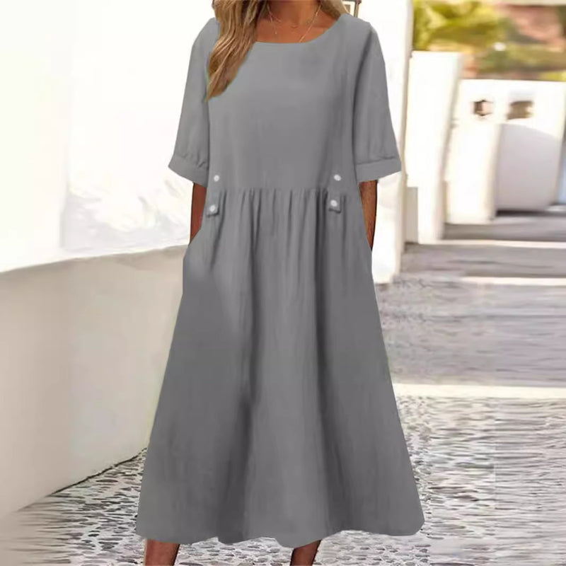 Graues Leinenkleid Damen, knielang, mit kurzen Ärmeln und Taschen, ideal für Sommermode und lässige Anlässe.