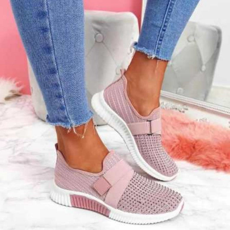 Women's Flat Sneakers with Round Toe Shape, Knitted Upper Material, and Rubber Sole