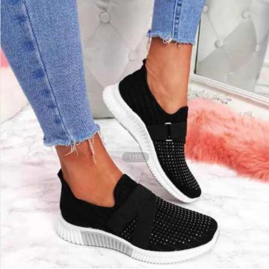 Women's Flat Sneakers with Round Toe Shape, Knitted Upper Material, and Rubber Sole