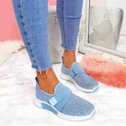 Women's Flat Sneakers with Round Toe Shape, Knitted Upper Material, and Rubber Sole