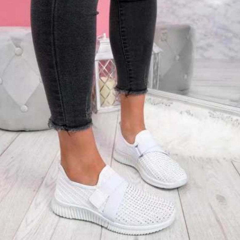 Women's Flat Sneakers with Round Toe Shape, Knitted Upper Material, and Rubber Sole