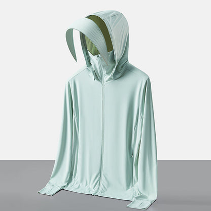 Mintgrüne, wasserabweisende Kapuzenjacke mit innovativem, gebogenem Schirmdesign. Ideal für Outdoor-Aktivitäten und modische Sportbekleidung.