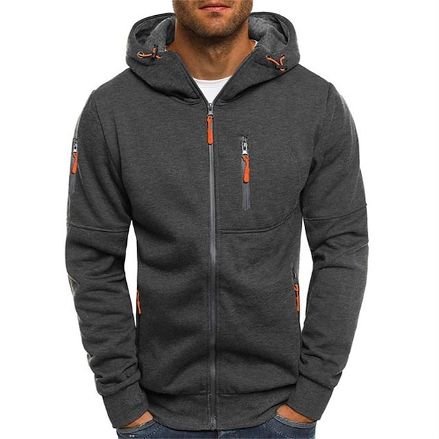 Grauer Herren-Hoodie mit Reißverschlüssen und Kapuze, sportlich und modern, ideal für Freizeit und Outdoor-Aktivitäten.