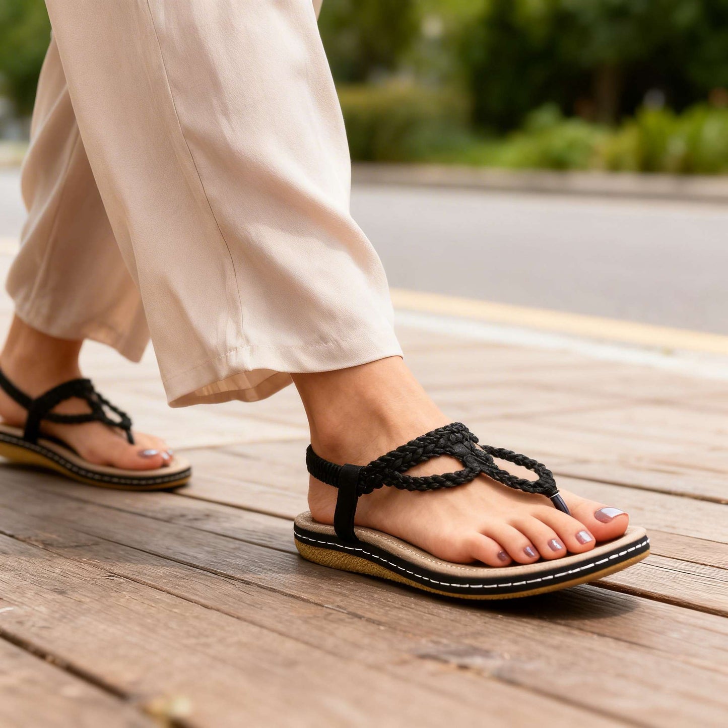 Damen-Sandalen Mit Offener Zehenpartie, Knotenverschluss, Gepolsterter Sohle Und Anti-Rutsch-Beschichtung