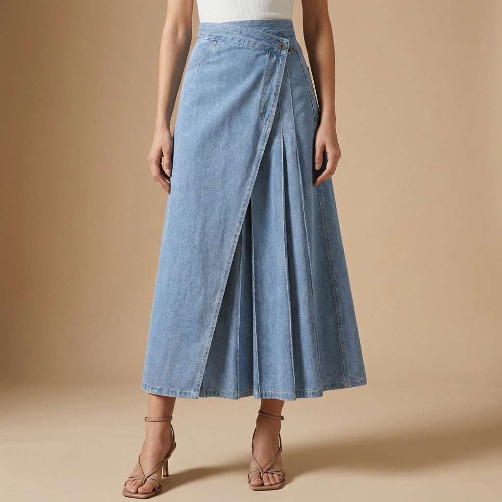 Damen Jeansrock mit Hohem Bund und Wickel-Design