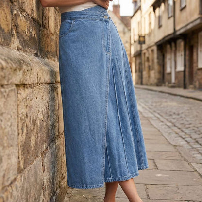 Damen Jeansrock mit Hohem Bund und Wickel-Design