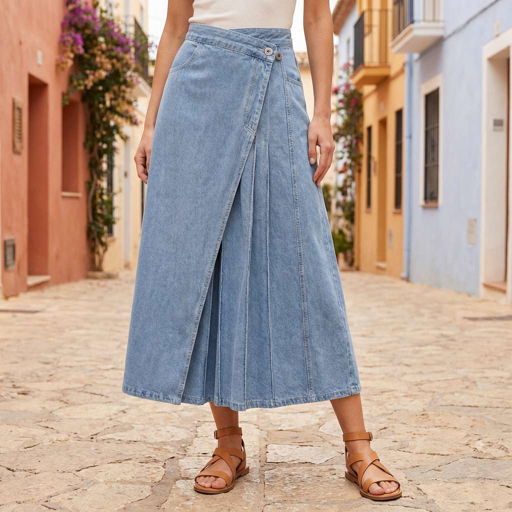 Damen Jeansrock mit Hohem Bund und Wickel-Design