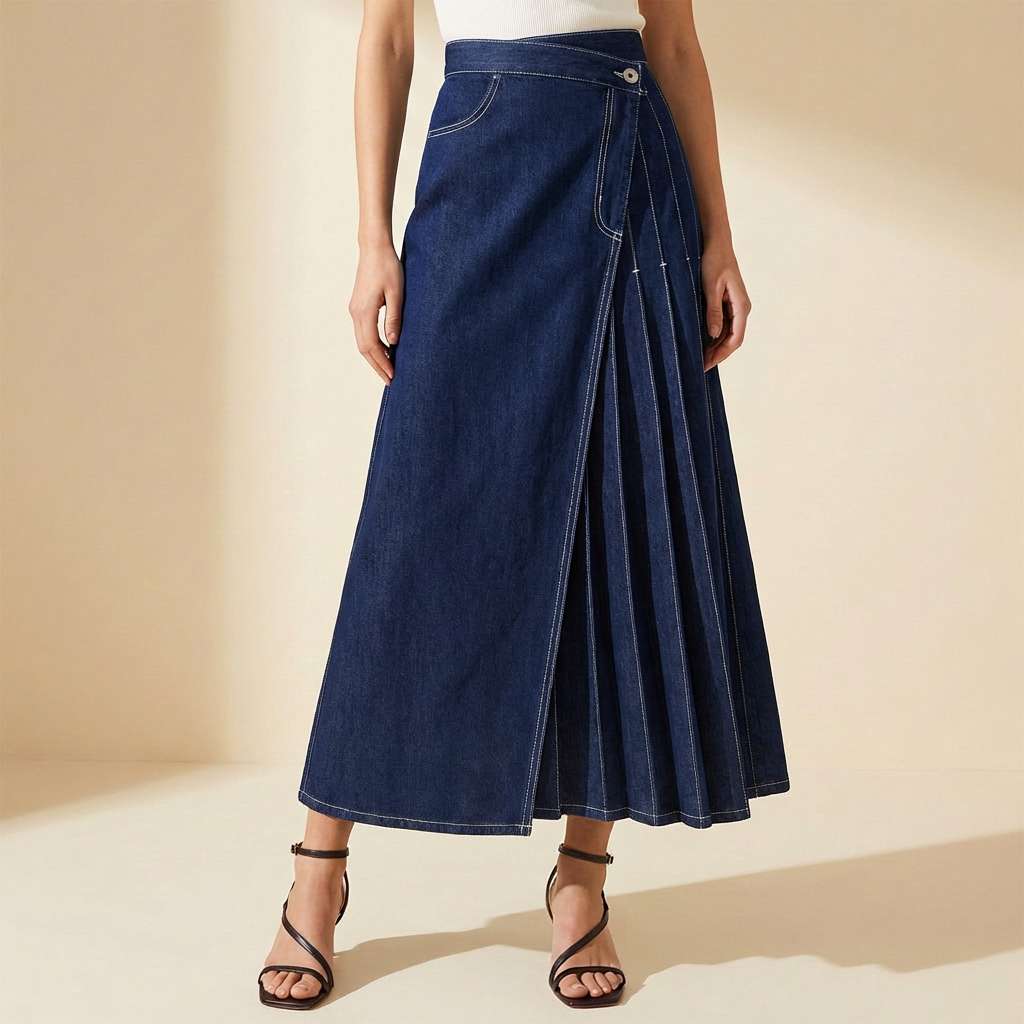 Damen Jeansrock mit Hohem Bund und Wickel-Design