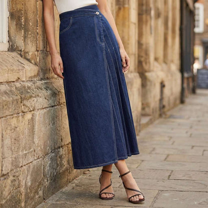Damen Jeansrock mit Hohem Bund und Wickel-Design