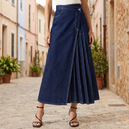 Damen Jeansrock mit Hohem Bund und Wickel-Design