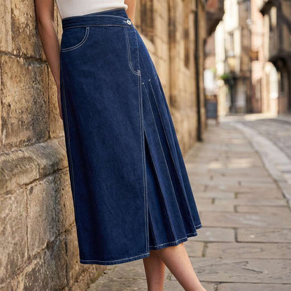 Damen Jeansrock mit Hohem Bund und Wickel-Design