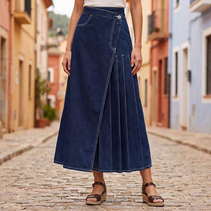 Damen Jeansrock mit Hohem Bund und Wickel-Design