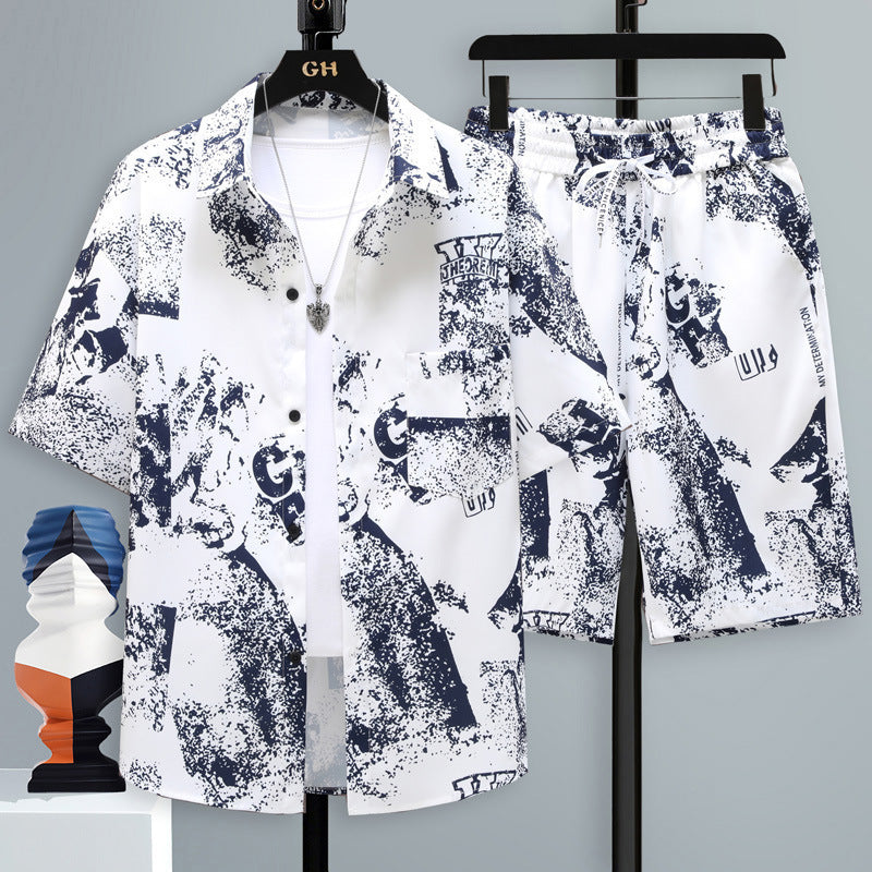 Men's Summer Sport Short-Sleeve Two-Piece Set Straight-Cut Shorts Matching Outfit