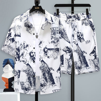 Men's Summer Sport Short-Sleeve Two-Piece Set Straight-Cut Shorts Matching Outfit