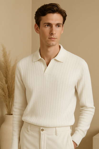 Men's Long-Sleeve Polo Shirt – Ribbed Texture with Open Collar in Cream