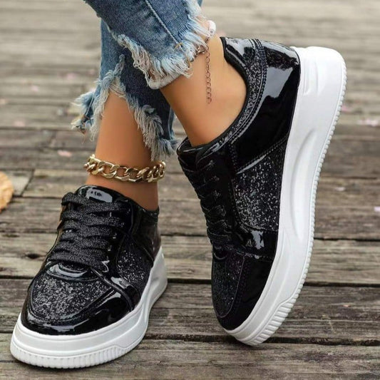Women's Lace-Up Sneakers with Sequin Design and Thick Flat Sole
