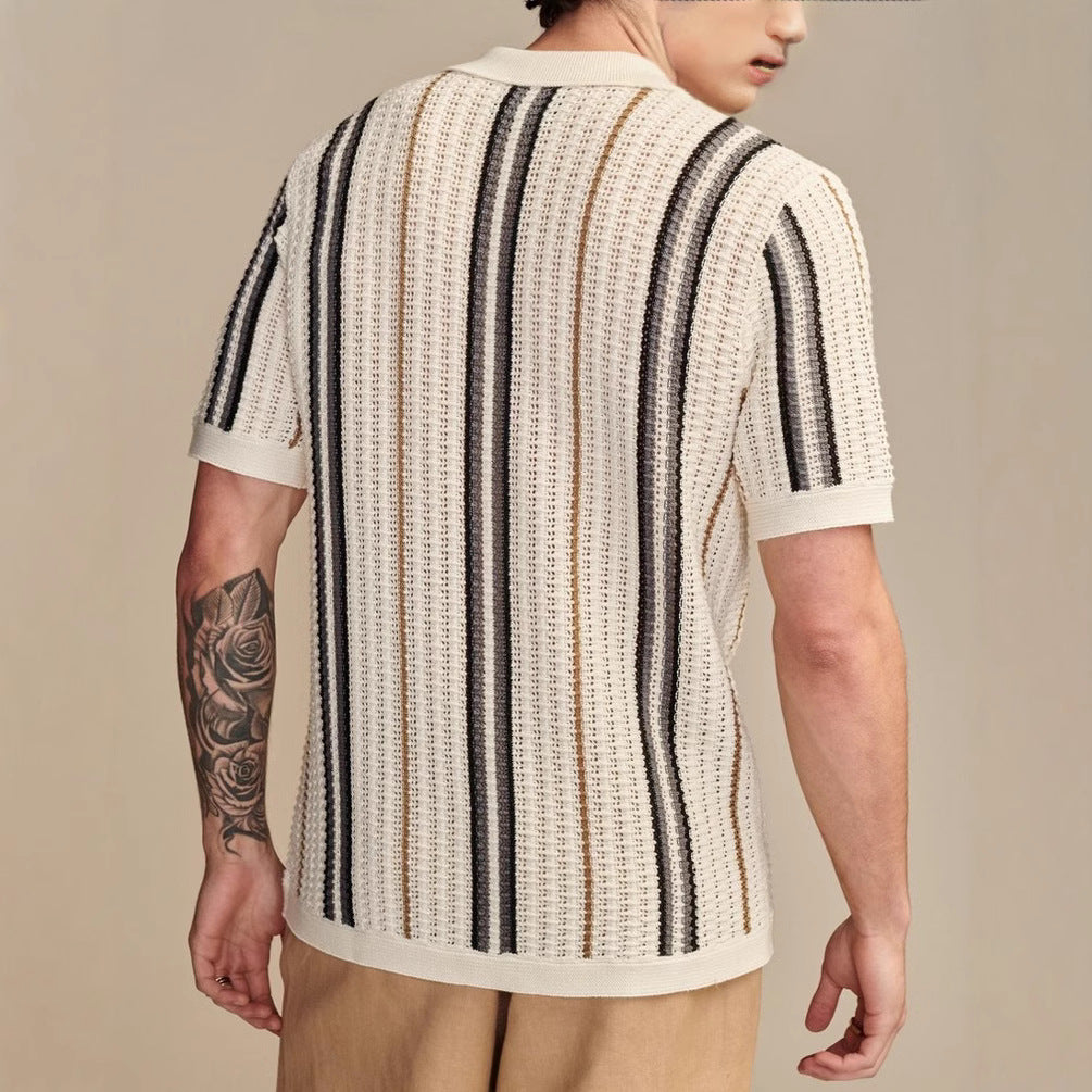 Herren Sommer Gestreifter Strick-Polo-Cardigan Mit Kurzen Ärmeln Im Britischen Stil