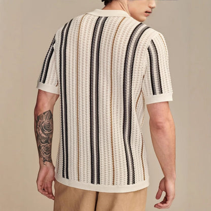 Herren Sommer Gestreifter Strick-Polo-Cardigan Mit Kurzen Ärmeln Im Britischen Stil