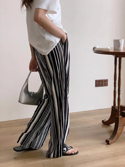 Damen-Hosen mit weitem Bein, schwarz-weiß gestreift, mit Taschen
