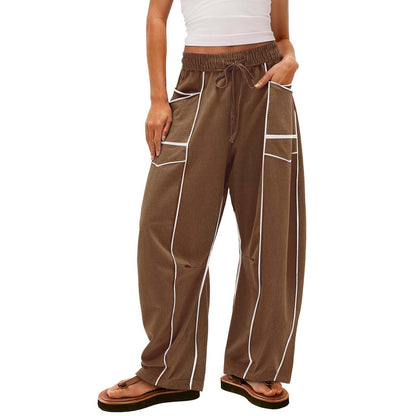 Women's Wide Pants with Drawstring, Striped Design and Side Pockets