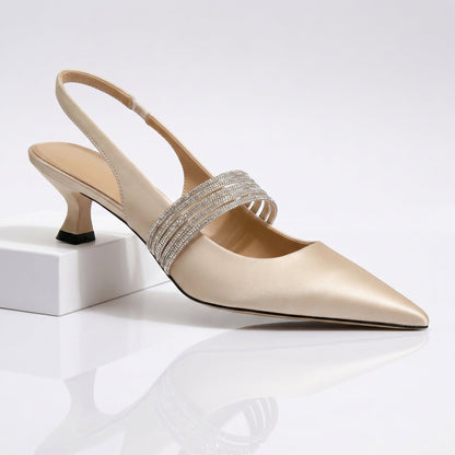 Damen-Pumps Mit Spitzer Zehenpartie, Kitten Heels, Slingback-Riemen Und Strassriemen