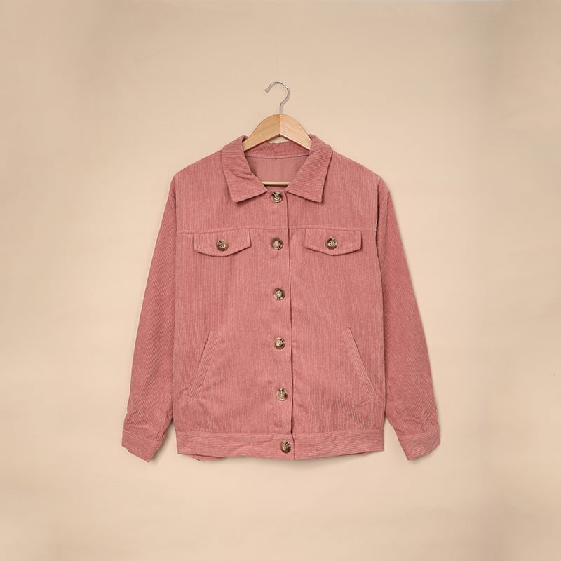 Women's corduroy shirt jacket with single-row button placket and long sleeves