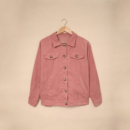 Women's corduroy shirt jacket with single-row button placket and long sleeves