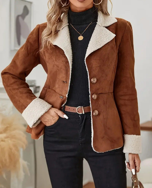 Damen Winterjacke mit Kunstfell, Reverskragen und Taschen