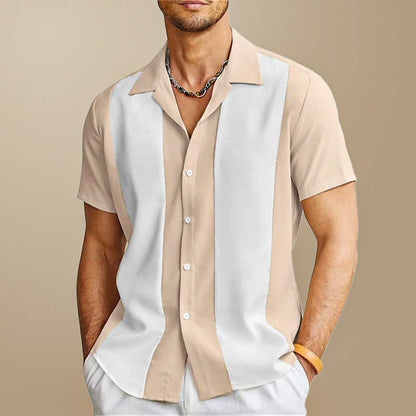 Men's shirt with button placket, vertical color-block stripes, and short sleeves