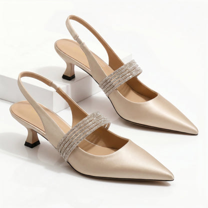 Damen-Pumps Mit Spitzer Zehenpartie, Kitten Heels, Slingback-Riemen Und Strassriemen