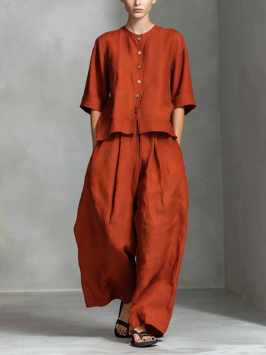 Zweiteiliges Set Aus Damenbluse Im Leinenstil Aus Baumwollmischgewebe Und Locker Sitzender Langer Hose