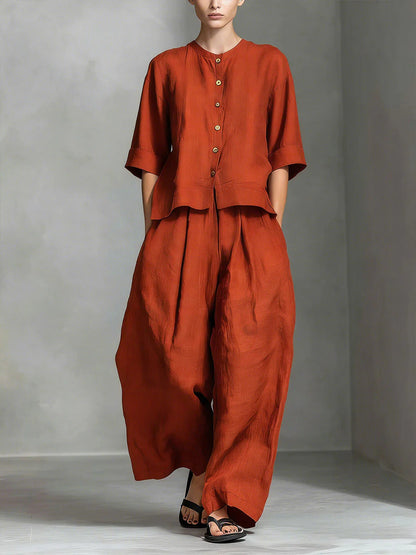 Zweiteiliges Set Aus Damenbluse Im Leinenstil Aus Baumwollmischgewebe Und Locker Sitzender Langer Hose