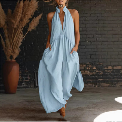 Damen-Kleid Im Resort-Stil Mit Stehkragen Und Knopfleiste – Baumwoll-Leinen-Mischgewebe